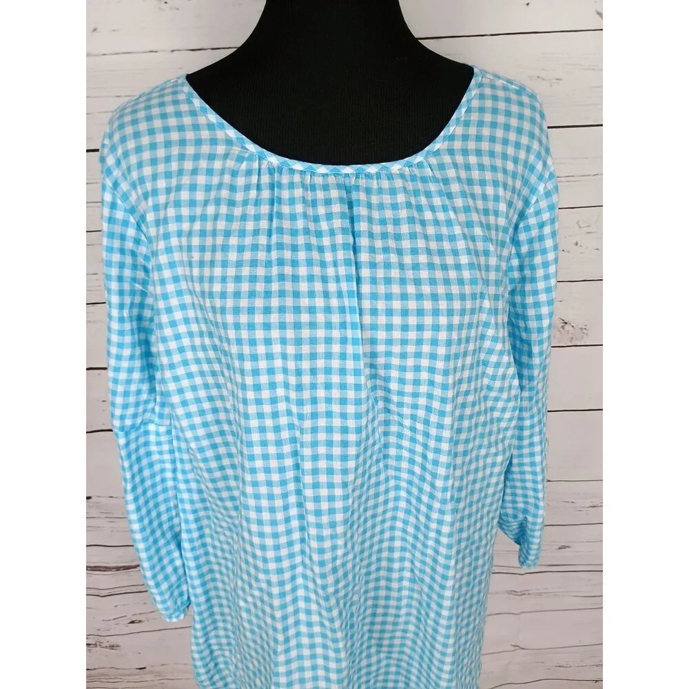 Crown & Ivy 2x Blue White Gingham Floral Tunic Top Blouse Embroidered‎ Detail